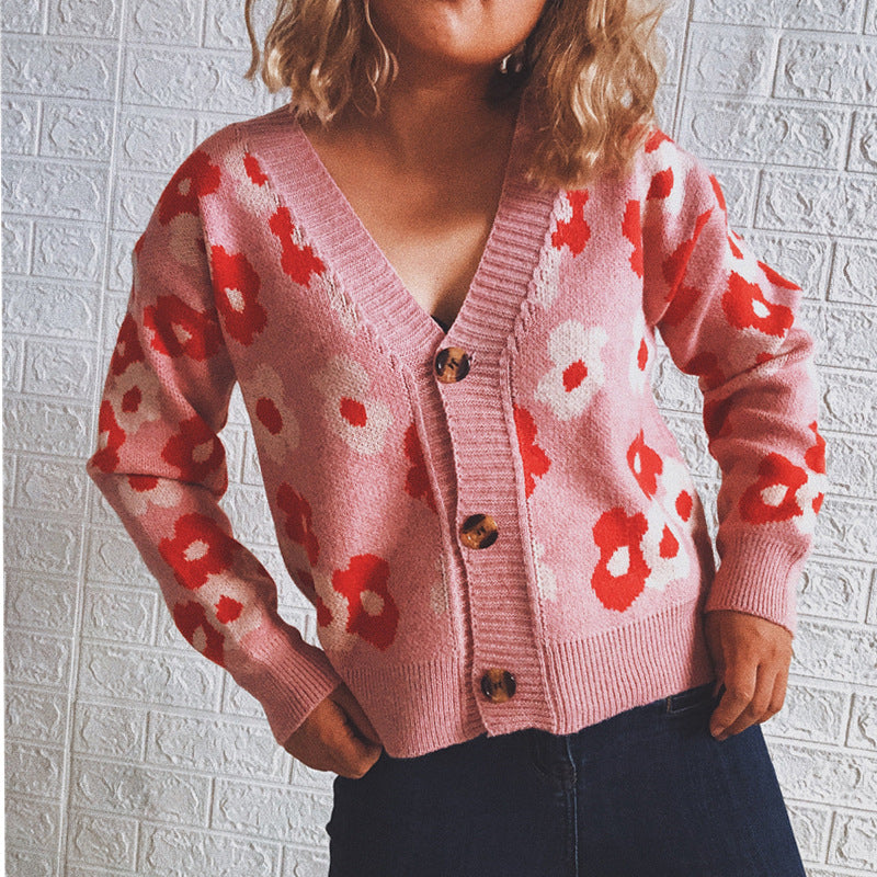 Damen Strickjacke mit floralen Mustern und dekorativen Knöpfen R&B