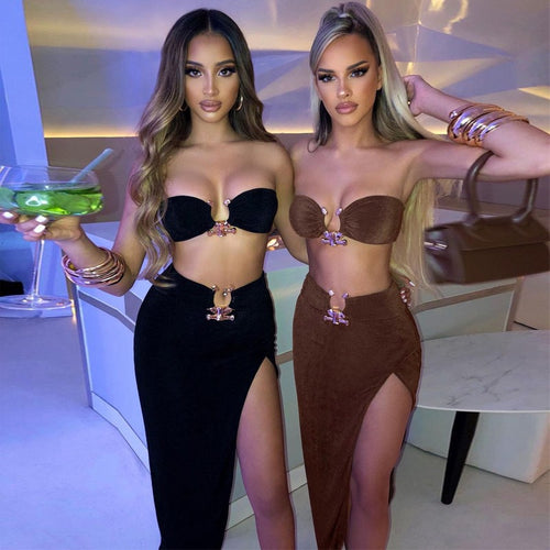 Damen Stylisches Bandeau-Top und Maxi-Rock Set mit hohem Schlitz und eleganten Details R&B