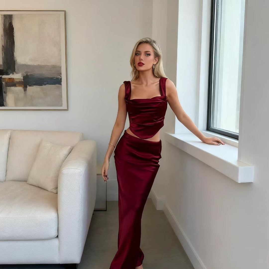 Damen Elegantes Satin Set mit tailliertem Oberteil und schwingendem Rock R&B