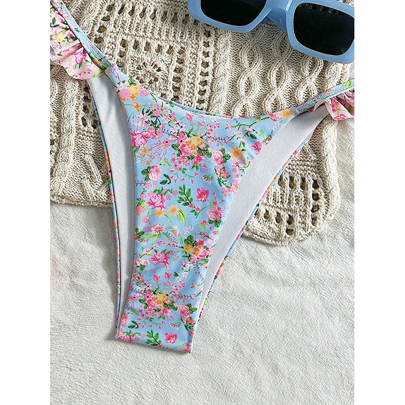 Damen Triangel-Bikini mit floralem Rüschendesign und verstellbaren Trägern