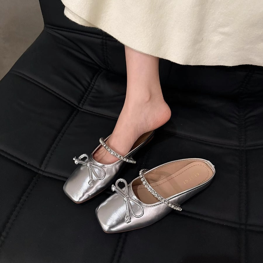 Damen elegante Ballerina-Slipper mit funkelndem Schleifenakzent und klassischer Form R&B