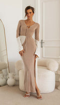 Damen elegantes Strick-Maxikleid mit innovativem Cut-Out-Design und weitem Schlitz R&B