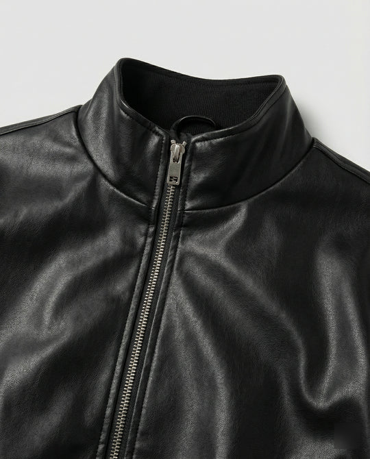 Damen schlanker Vegan-Lederblouson mit schimmernder Kunstleder-Optik, Stehkragen und elastischem Abschluss R&B