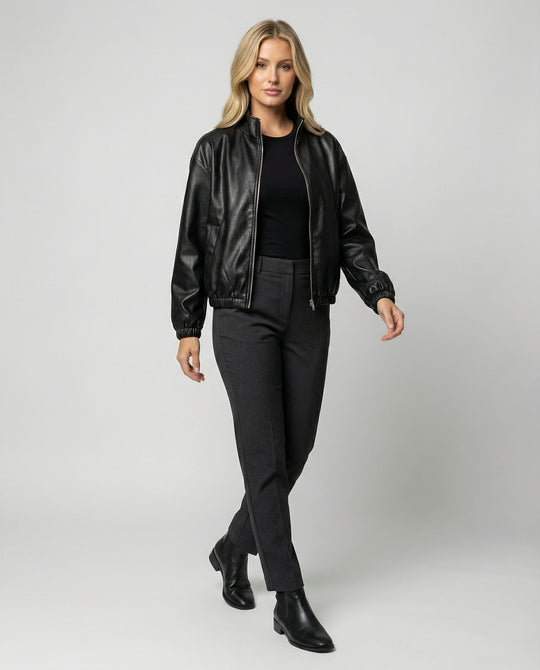 Damen schlanker Vegan-Lederblouson mit schimmernder Kunstleder-Optik, Stehkragen und elastischem Abschluss R&B
