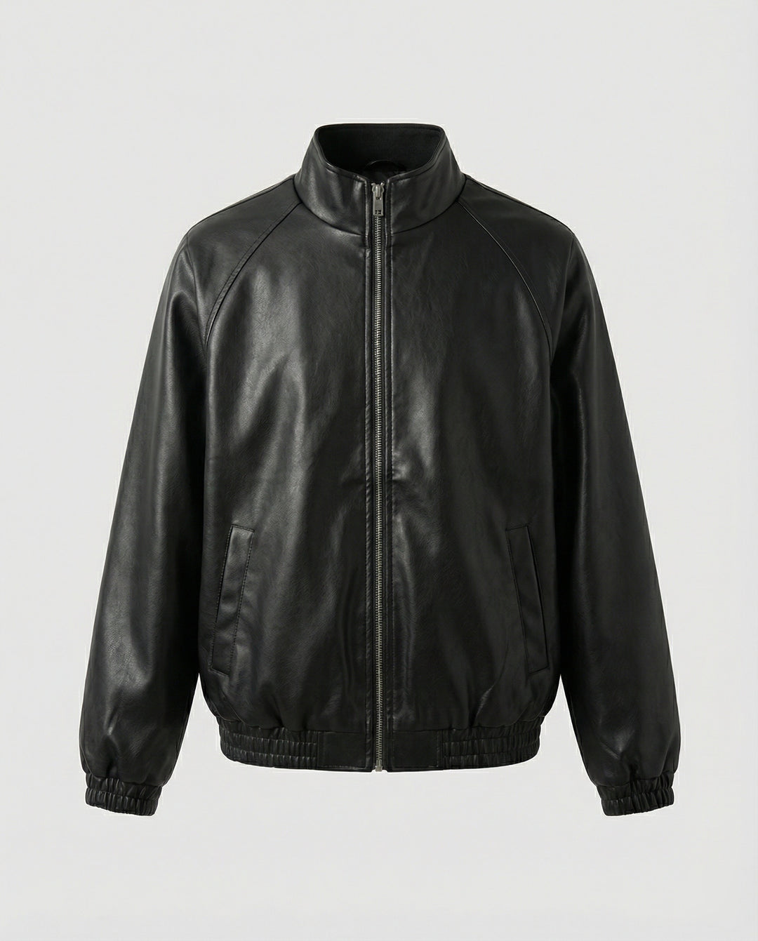 Damen schlanker Vegan-Lederblouson mit schimmernder Kunstleder-Optik, Stehkragen und elastischem Abschluss R&B