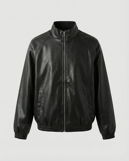 Damen schlanker Vegan-Lederblouson mit schimmernder Kunstleder-Optik, Stehkragen und elastischem Abschluss R&B