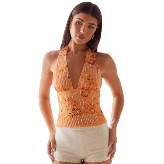 Damen Haltertops mit floralem Design und schimmernden Applikationen R&B