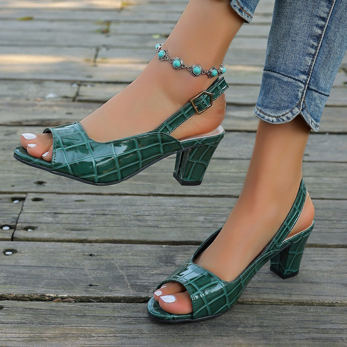 Damen Elegante Sling-Pumps mit modischem Krokodilleder-Design und komfortablem Blockabsatz R&B