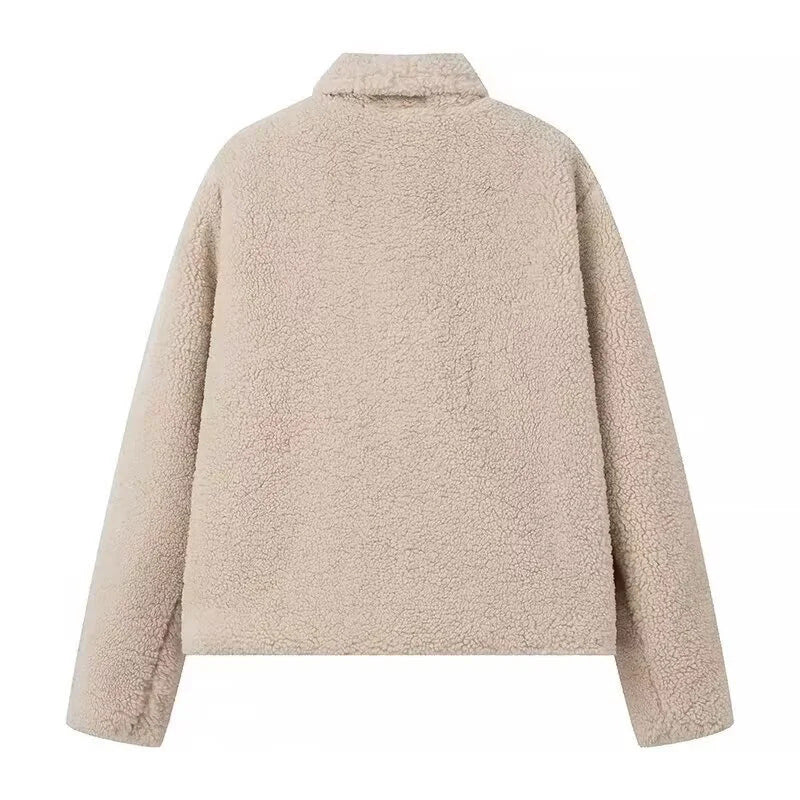 Damen kuschelige Plüschjacke mit klassischem Revers und praktischen Taschen R&B