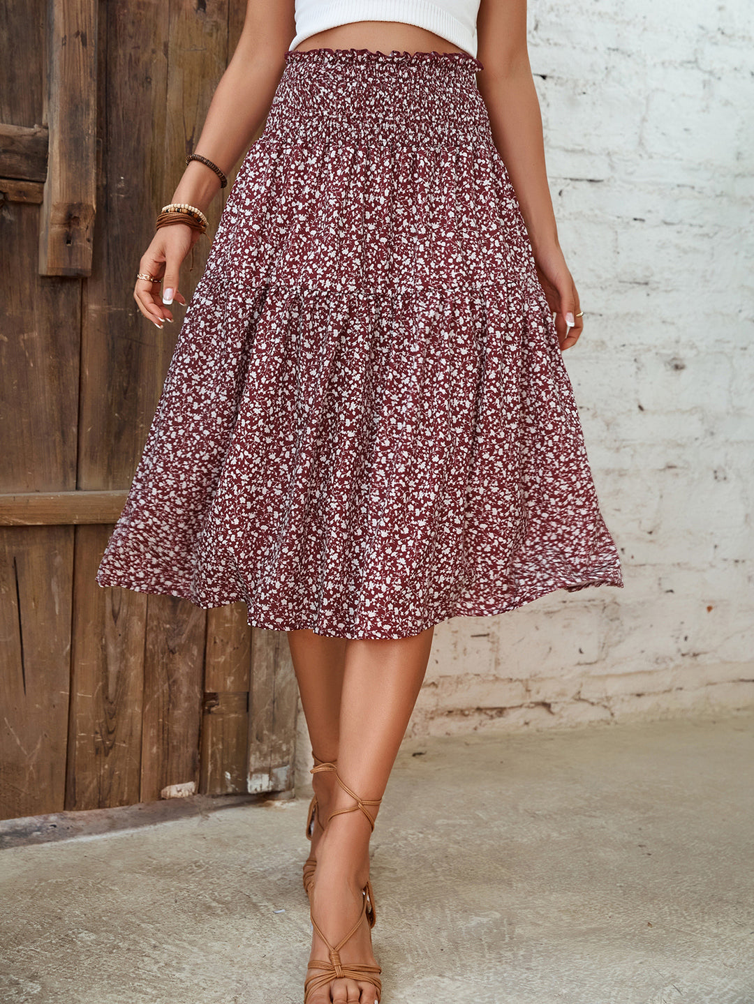 Damen Langer Rock mit floralem Print und elastischem Bund Heidi Mode