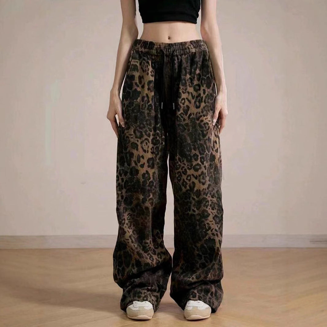 Damen Weite Leopard-Hose mit elastischem Bund und seitlichen Taschen R&B