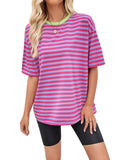 Damen gestreiftes Oversize T-Shirt mit Rundhalsausschnitt und Kontrastdetails R&B