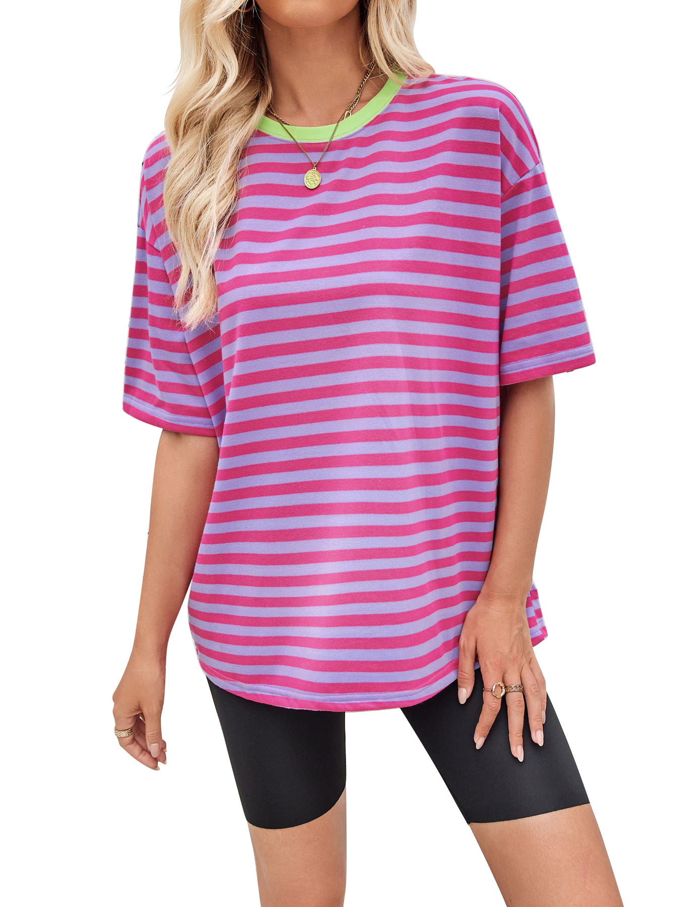 Damen gestreiftes Oversize T-Shirt mit Rundhalsausschnitt und Kontrastdetails R&B