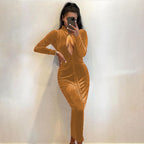 Damen Hochwertiges Samtkleid mit tiefem Ausschnitt und langen Ärmeln R&B