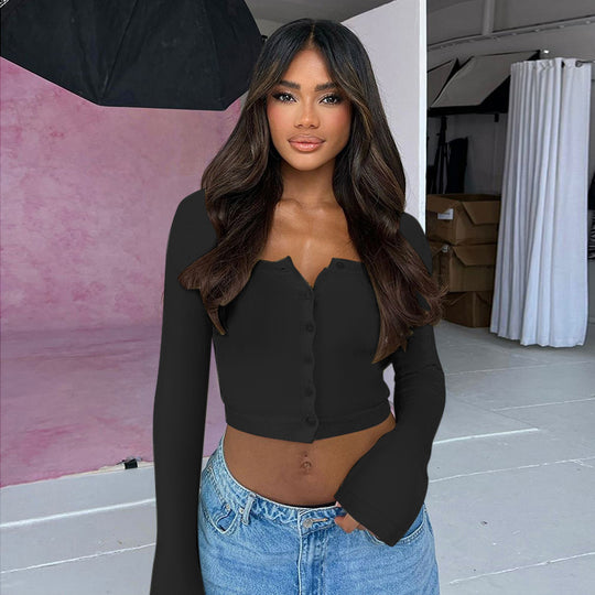 Damen Cropped Langarmshirt mit Knopfleiste und weitem Ausschnitt R&B