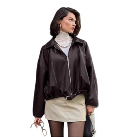 Damen lässige Oversized-Jacke mit Reißverschluss und breitem Kragen R&B