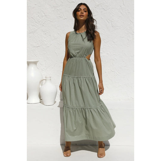Damen Langarm Maxikleid mit verspielten Seitenausschnitten und fließendem Rock R&B