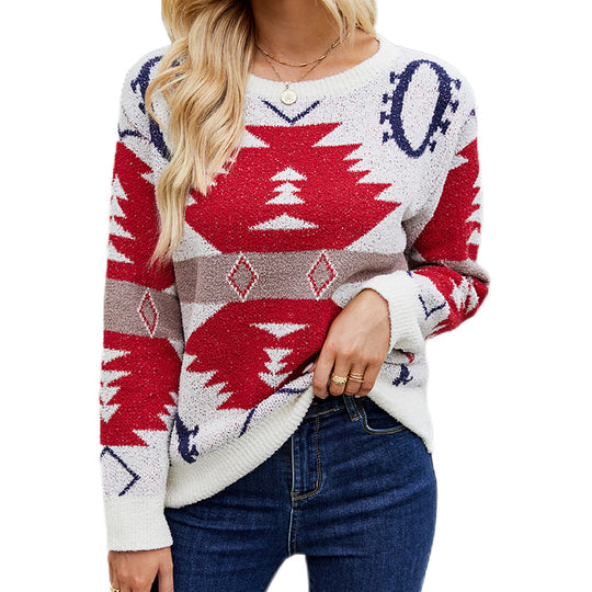 Damen gemusterter Strickpullover mit modernem Ethnomuster R&B