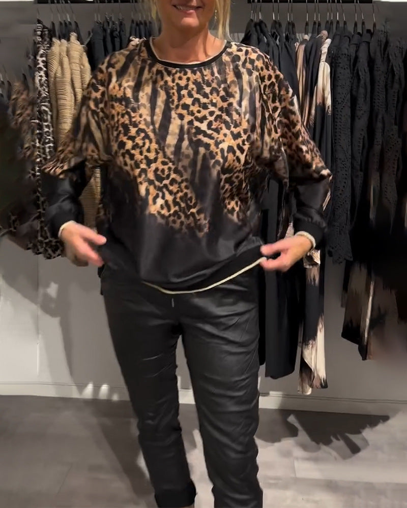 Damen nan seidige Oversize-Bluse mit Animalmuster, Raglanärmeln und elastischem Saum R&B