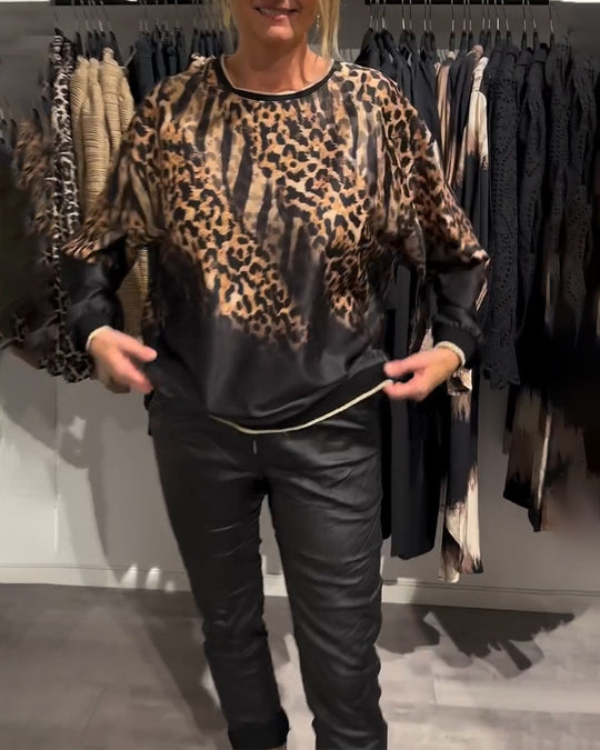 Damen nan seidige Oversize-Bluse mit Animalmuster, Raglanärmeln und elastischem Saum R&B