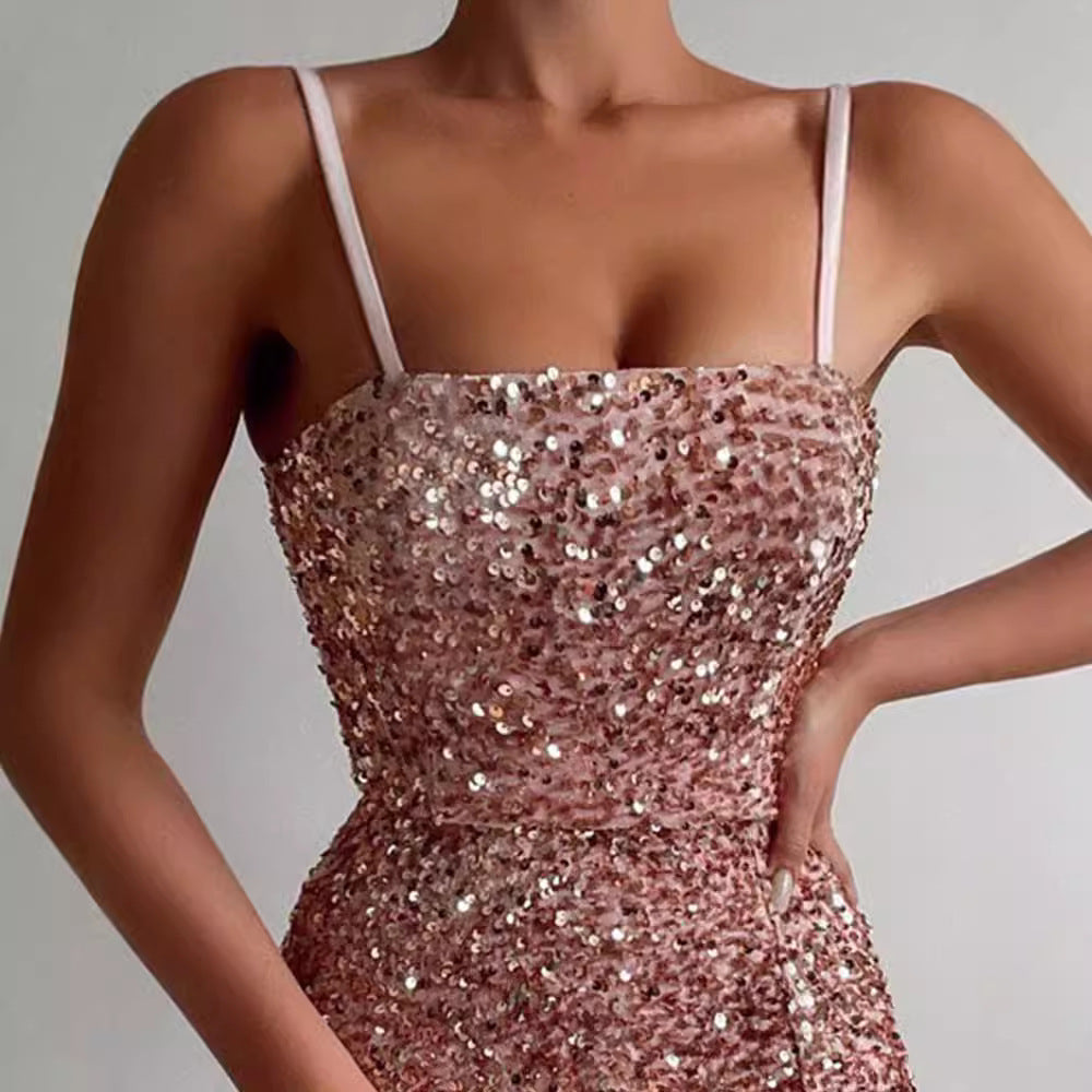 Damen Glamouröses Pailletten-Kleid mit Schlitzen und Spaghetti-Trägern R&B