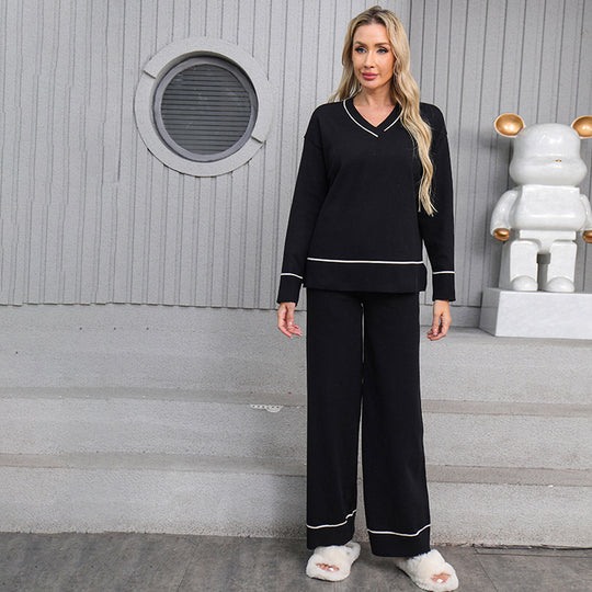 Damen entspannendes Loungewear-Set mit V-Ausschnitt und breiten Hosen R&B