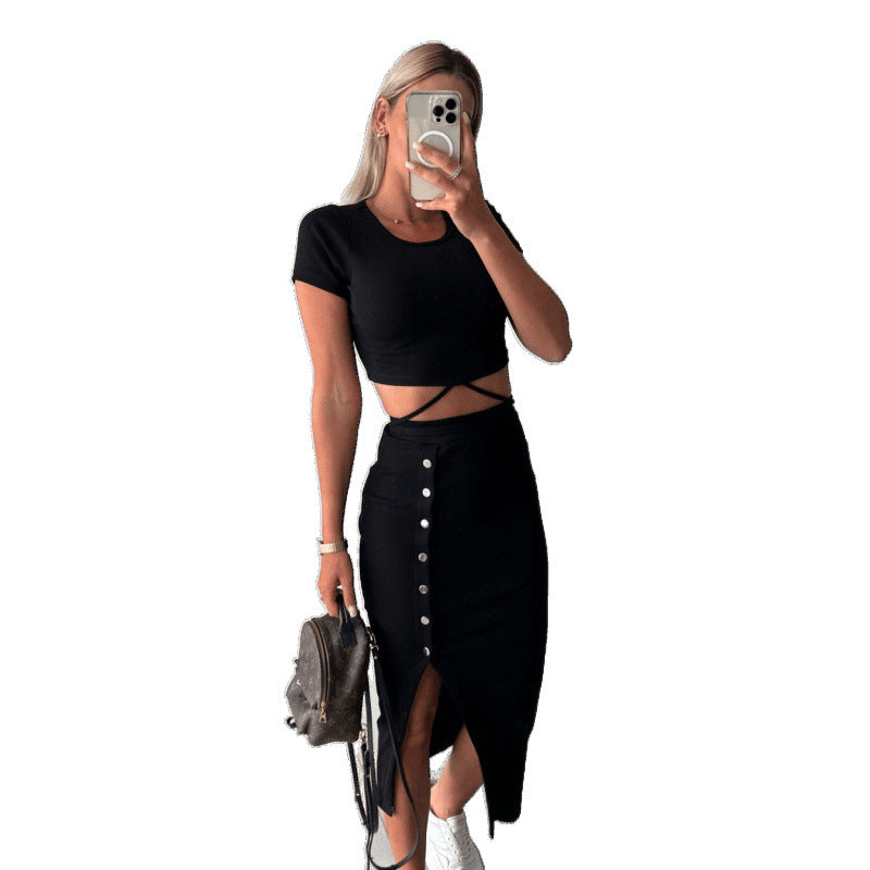 Frauen Ripp-Crop-Top und geknöpfter Midi-Rock Set R&B