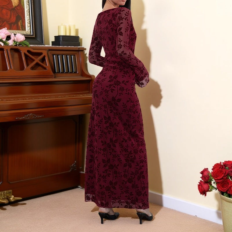 Damen elegantes Maxikleid mit floralen Applikationen und transparenten Ärmel EB