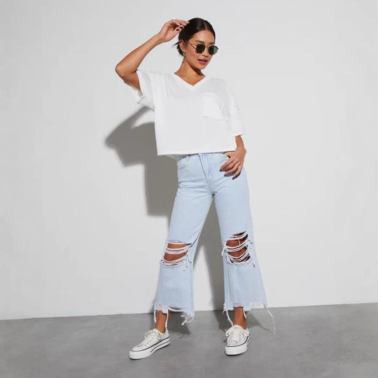 Damen Distressed Jeans mit weitem Bein und fransigem Saum R&B