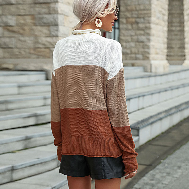 Damen Strickpullover mit modischem Farbblockmuster und hohem Kragen R&B