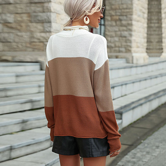 Damen Strickpullover mit modischem Farbblockmuster und hohem Kragen R&B