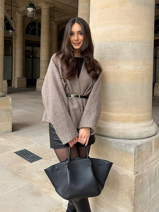 Damen Oversized Wolljacke mit Gürtel und weiten Ärmeln R&B