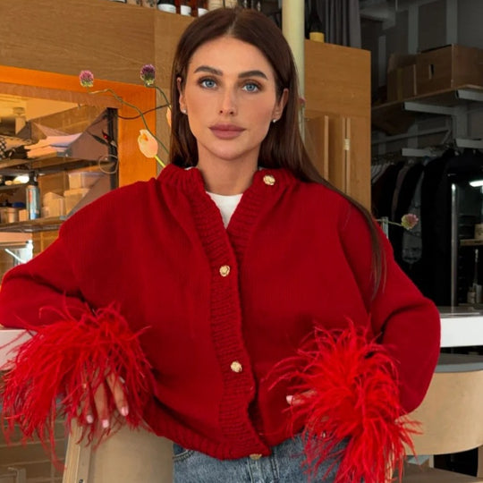Damen lässige Strickjacke mit dekorativen Fransen und hochwertigen Knöpfen R&B