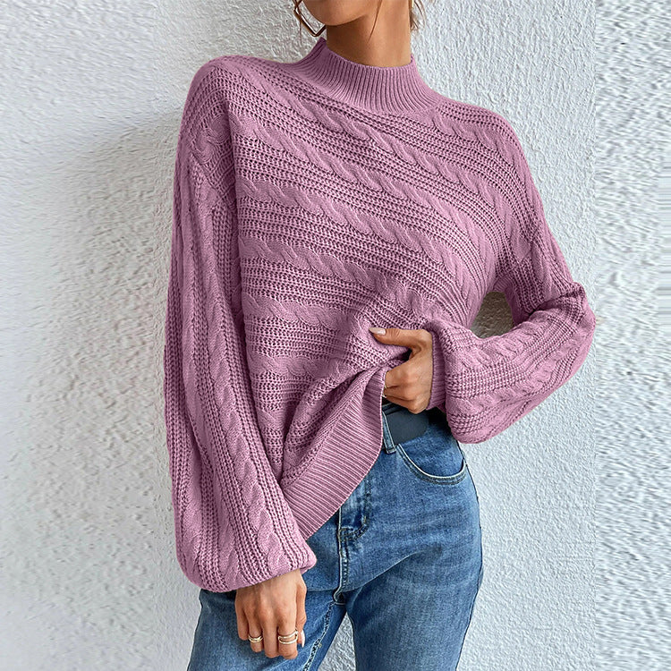 Damen Strickpullover mit hohem Kragen und modernem Kabelstrickdesign R&B