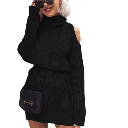 Damen Strickkleid mit innovativem Off-Shoulder-Design und hohem Kragen R&B