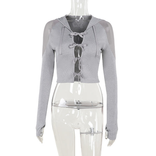 Damen sportliches cropped Oberteil mit Kapuze und raffinierten Riemchen R&B