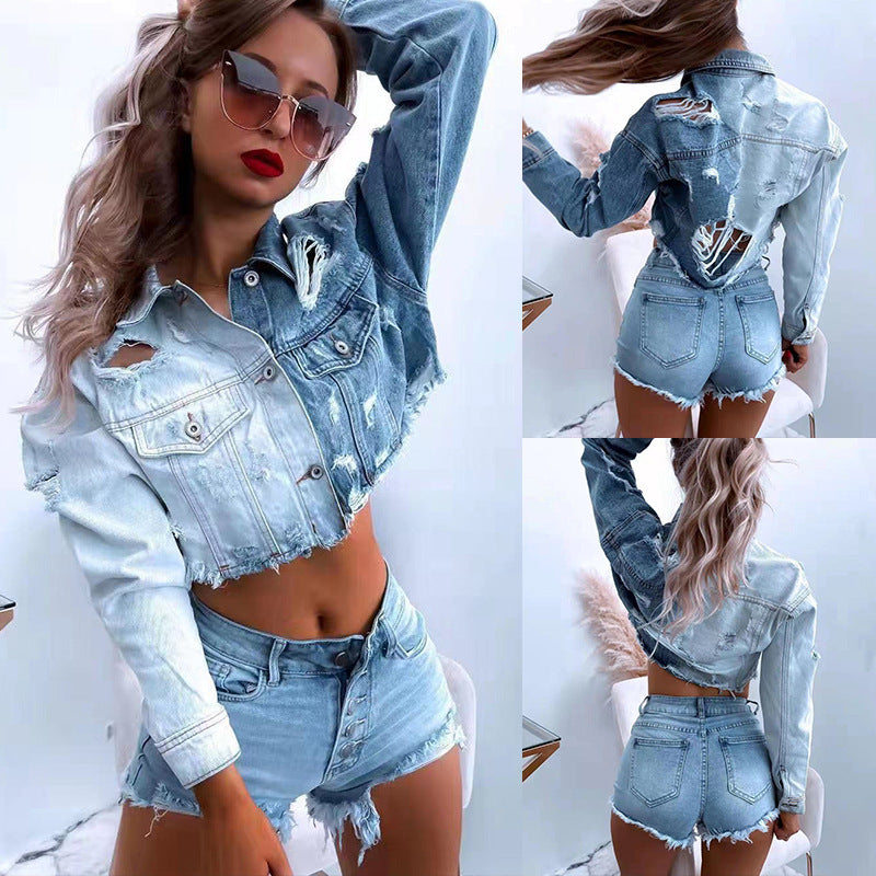 Damen Cropped Denimjacke mit fransigen Details und trendigem Destroyed-Look R&B