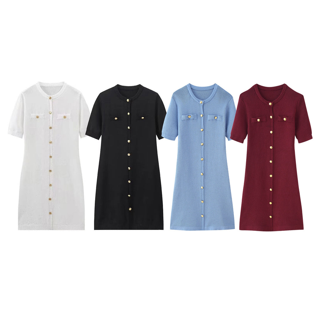 Damen Strickkleid mit kurzen Ärmeln und Knopfleiste R&B