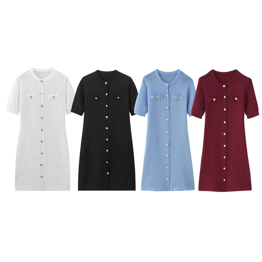 Damen Strickkleid mit kurzen Ärmeln und Knopfleiste R&B