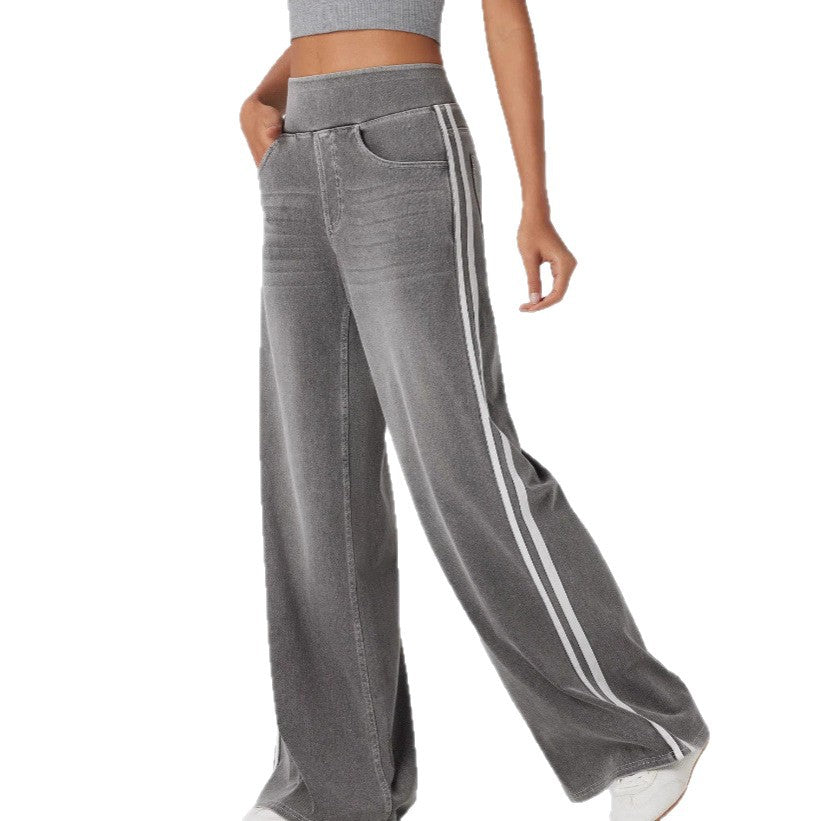 Damen weite Denim-Hose mit seitlichem Streifen und hohem Bund R&B