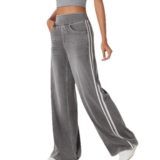 Damen weite Denim-Hose mit seitlichem Streifen und hohem Bund R&B