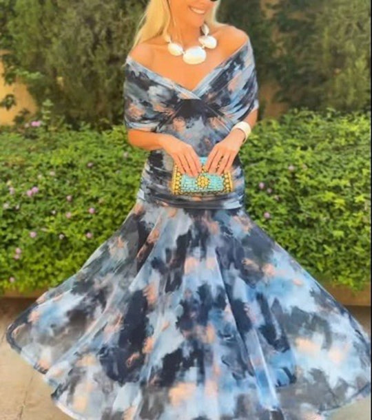 Damen nan fließendes Abendkleid mit transparentem Chiffon-Capelet, V-Ausschnitt und taillierter Drapierung R&B