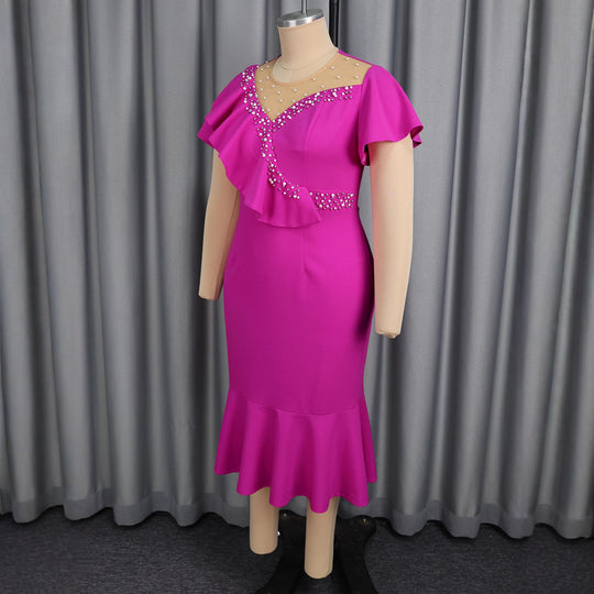 Damen figurbetontes Abendkleid mit asymmetrischem Rüschendetail und elegantem Wasserfallausschnitt R&B