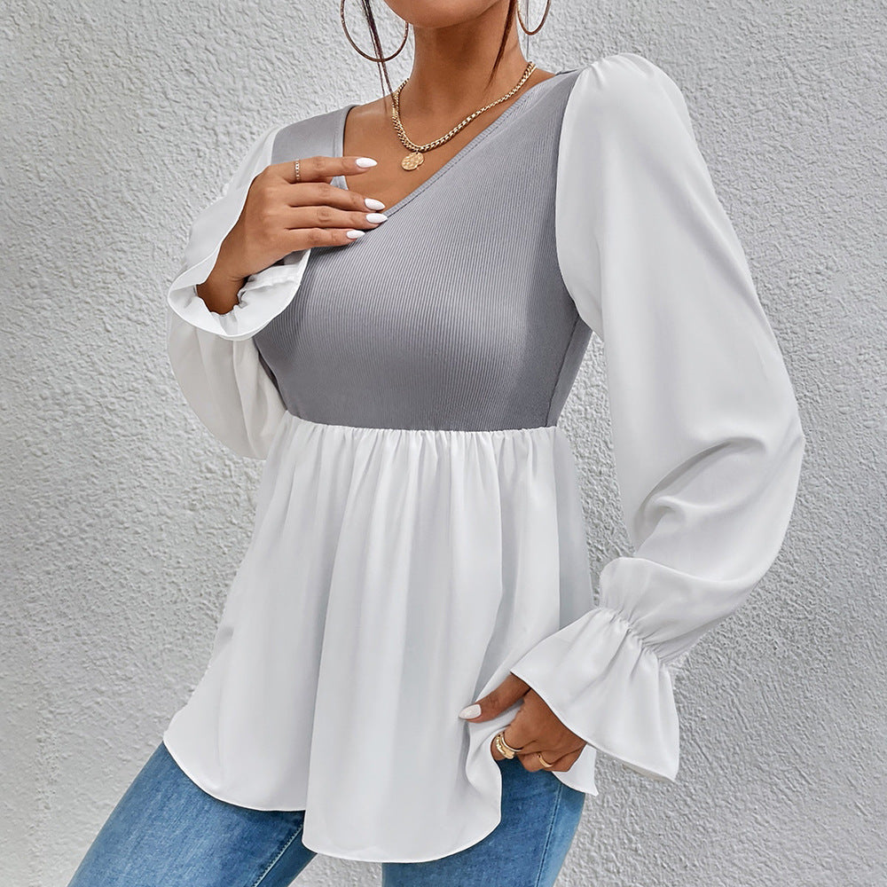 Damen elegantes Oberteil mit asymmetrischem V-Ausschnitt und Puffärmeln R&B