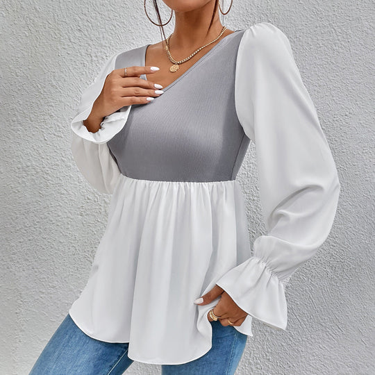 Damen elegantes Oberteil mit asymmetrischem V-Ausschnitt und Puffärmeln R&B