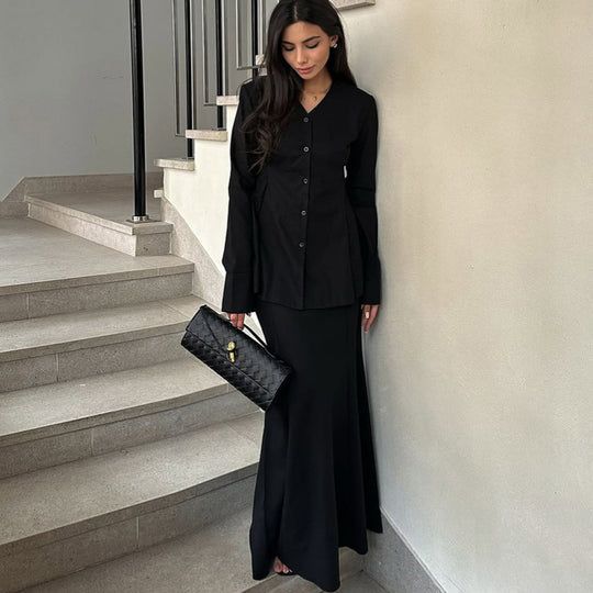Damen Elegantes Deux-Pieces-Anzugset mit schwingendem Oberteil und bodenlangem Rock R&B