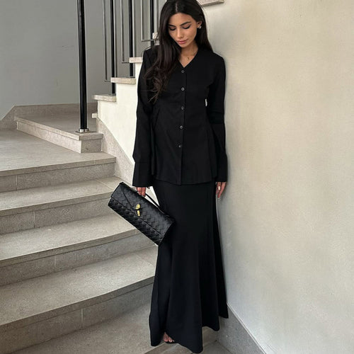 Damen Elegantes Deux-Pieces-Anzugset mit schwingendem Oberteil und bodenlangem Rock R&B