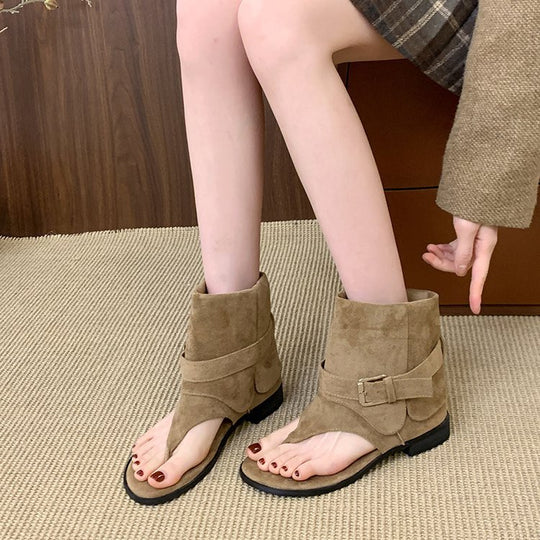 Damen modische Zehentrenner-Stiefeletten mit breitem Riemen und elegantem Schnallenverschluss R&B