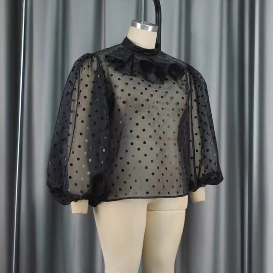 Damen Bluse mit voluminösen Puffärmeln und Polka-Dots R&B