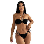 Damen Bandeau-Bikini mit gemustertem Oberteil und dekorativer Perlenverzierung R&B